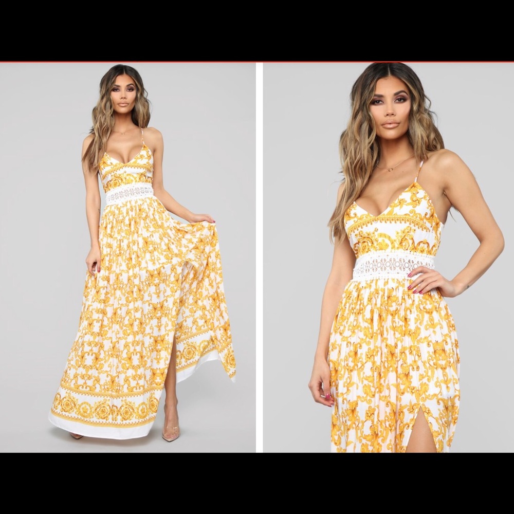 Fashion Nova Yellow and White Maxi Dress